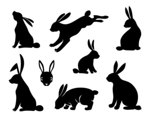 Set of silhouettes of Easter bunnies