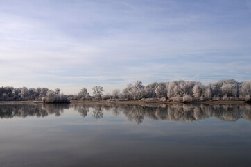 Winterliche Landschaft. Mit Frost überzogene Bäume spiegeln sich im See