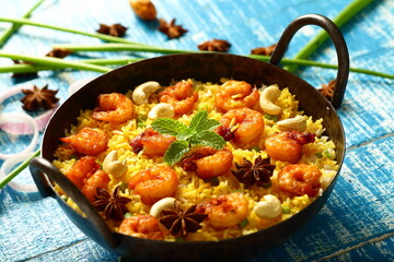 Homemade delicious seafood biryani, pilaf, Arabian traditional recipes. 