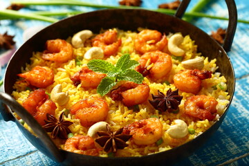 Seafood pilaf- homemade spicy cooked shrimp, prawns rice pulav , biriyani. 