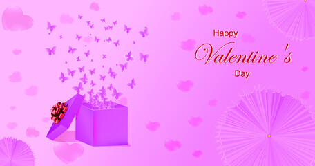 Happy valentine card with umbrellas, butterflies and hearts