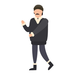 Manwith mustache winter cold weather clothes, cap, warm coat, boots. Cartoon flat style