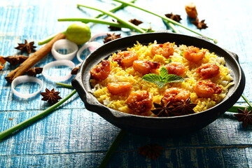 Seafood pilaf- homemade spicy cooked shrimp, prawns rice pulav , biriyani. 