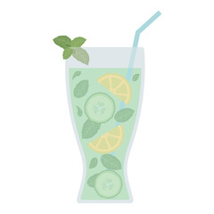 Detox Water Glass. Vector Illustration. The Glass of Infused Water with Mint leaves, Cucumber and Lemon Slices. Graphic for Photographic Print, Planner Sticker, Poster, Healthy Recipe, Icon