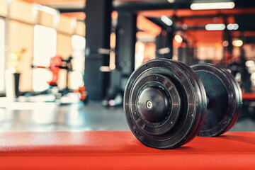 Dumbbells close-up in the gym. Low angle vew. Copy space. Concept of fitness