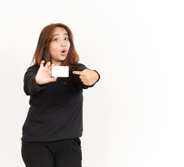 Fototapeta premium Holding and Showing Blank Credit or Bank Card Of Beautiful Asian Woman Wearing Black Shirt