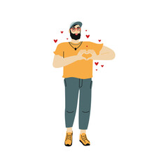 A cute young man expressing love and making a heart with his fingers. Vector flat illustration with a person on a white background