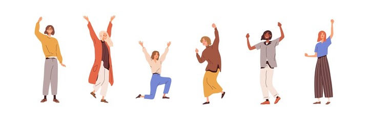 Happy people rejoicing. Excited men and women celebrate victory and success with joy. Delighted persons with positive emotions of happiness. Flat vector illustrations isolated on white background