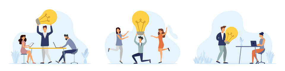 Team brainstorming, idea management, project management, new idea generation, start-up collaboration, finding solutions, product development. Set of illustrations in a flat style.