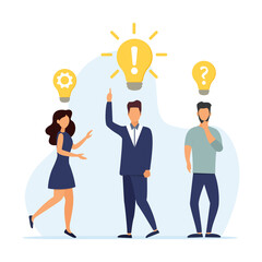 Team brainstorming, idea management, project management, new idea generation, startup collaboration, solution search, product development. Vector illustration.