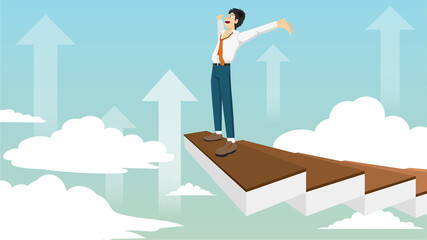 Obraz premium Businessman in a private suit. He stood with his hands at the top of the stairs. Blurred of upward slanting many white arrow. On soft sky and clouds.