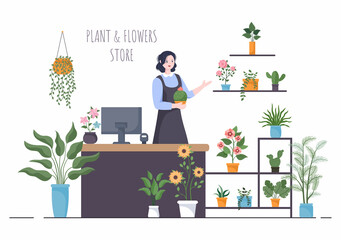 Flowers Store and Plants Shop with Florists Care, Organic Natural Products for Home Garden Green Decoration in Flat Background Vector Illustration