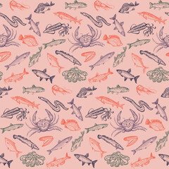 Graphic seamless pattern with fish and seafood elements - 478462746