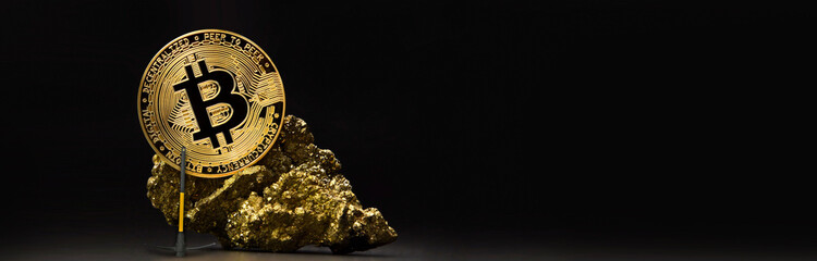 Bitcoin mining in deep golden cave - 3d
