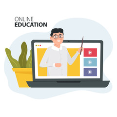 Professional personal teacher. Video tutorial. E-learning, training and courses, learning. Online education, home schooling. Vector illustration.