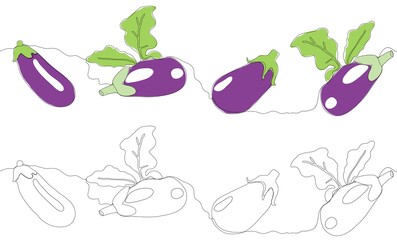 Eggplant seamless border. One continuous line illustration. Coloring book for kids