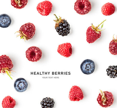 Fresh berry and fruit creative layout on white background.