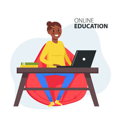 Online education, home schooling. Video tutorial. E-learning, training and courses, learning. Vector illustration.