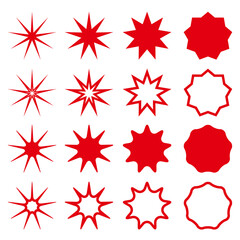 Star shapes collection. Silhouetes and outline red nine pointed stars. Simple design elements set. Vector illustration isolated on white.