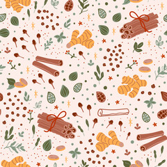Spicy tea pattern. Spiced tea seamless background. Cartoon cinnamon, ginger, black paper, cardamon, clove. Flavor ingredients, masala tea vector hand drawn illustration. Chai tea print. - 478465574