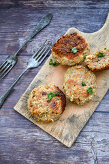 Home made  fried meatballs   on wooden rustic background.Cutlets from beef and pork meat.