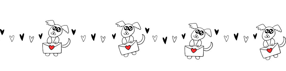 Vector edging, ribbon, border made of Cute contour little dogs with love letters and hearts. Decoration on theme of Valentine's Day, sending and receiving post, confessions of feelings