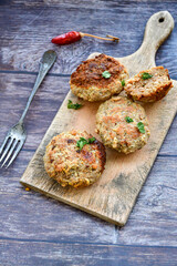 Home made  fried meatballs   on wooden rustic background.Cutlets from beef and pork meat.