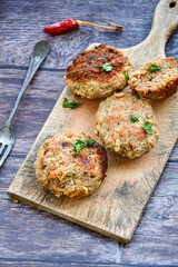 Home made  fried meatballs   on wooden rustic background.Cutlets from beef and pork meat.