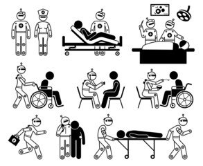Robot healthcare worker and humanoid robotic caregiver. Vector illustrations of robot cyborg doctor, nurse, surgeon, caregiver, and paramedic.