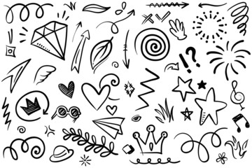 Fototapeta na wymiar Abstract arrows, ribbons, crowns, hearts, explosions and other elements in hand drawn style for concept design. Doodle illustration. Vector template for decoration