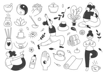 Doodle cartoon is a set of elements of yoga classes. Sports, asana, poses. Girls do yoga. Mat, yin-yang, relaxing items.
