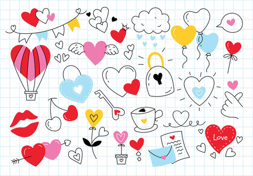 Doodle Valentine's Day set of elements. Romantic children's drawings on a notebook in a cage. Hearts, balloon, balloons, love letter, kiss, keys, flowers.