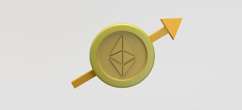 Coin with ethereum symbol and arrow pointing up. Concept of financial investment in cryptocurrencies and monetary growth in the stock market. 3D illustration. Copy space.
