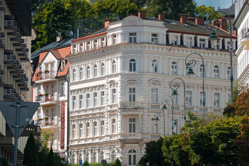 Travel to Karlovy Vary from Czech Republic, 2021. View to the beautiful landmarks architecture old...