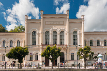 Travel to Karlovy Vary from Czech Republic, 2021. View to the beautiful landmarks architecture old buildings of this city in a beautiful sunny day. 