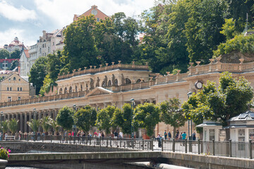 Naklejka premium Travel to Karlovy Vary from Czech Republic, 2021. View to the beautiful landmarks architecture old buildings of this city in a beautiful sunny day. 