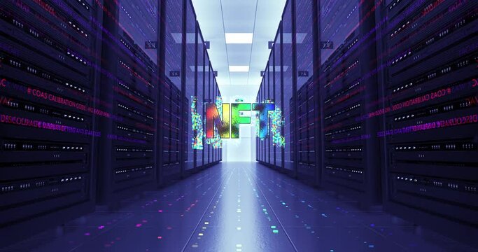 3D NFT Art Symbol In High Tech Server Room. NFT Technology Art Related 4K 3D Concept.
