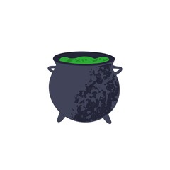 Halloween cauldron with potion. Magic green poison, cooking in big witch's pot. Caldron for alchemy and sorcery. Flat vector illustration isolated on white background