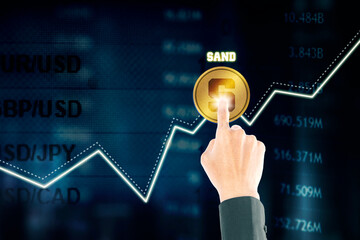 Businessman touching Sand coin and growth arrow