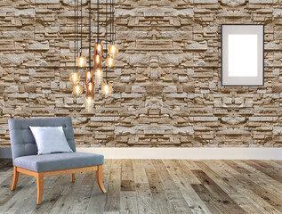 new empty living room interior decoration wooden floor, stone wall concept. decorative background for home, office and hotel. 3D illustration