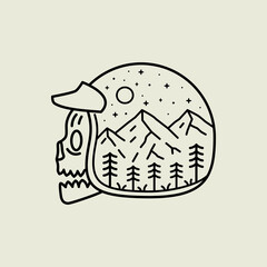 skull head design wearing helmet with nature mountains design in mono line art, patch badge design, emblem design, T-Shirt Design