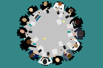 Businessmen or office workers sitting at a round table in business suits with documents, laptops, cups of coffee. Meeting or conference, business meeting, discussion. Illustration, top view.