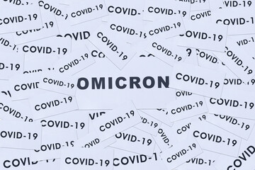 Close up of omicron word with pile of covid-19 text