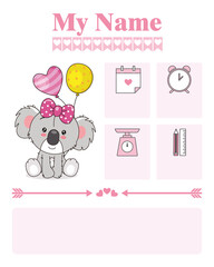 Cute koala. Baby birth print. Baby data template at birth.	
