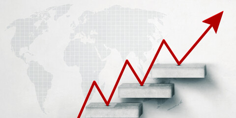 Red upward arrow on the stairs with world map