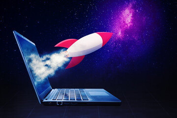 Rocket flying out from a laptop screen - obrazy, fototapety, plakaty