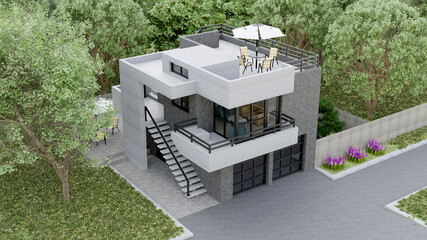 Modern house with garden and garage. 3d rendering.