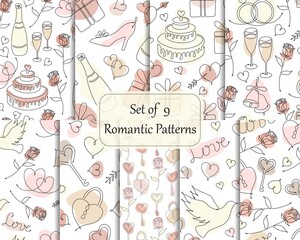 Seamless patterns with one line drawing romantic symbols and signs. Pastel color shapes on background. Good for decoration for Wedding and Valentines day. Vector