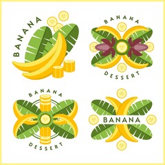 Set of logos, emblems, badges with yellow bananas, banana leaves, flowers, slices. Good for decoration of food packaging, groceries, agriculture stores, advertising. Flat style