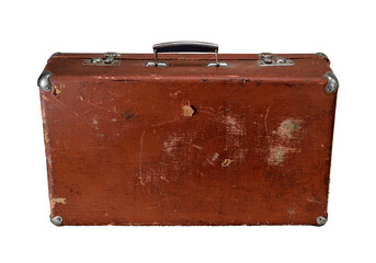 Old leather brown vintage travel suitcase isolated on white background. Symbol and concept of travel. Adventure time.